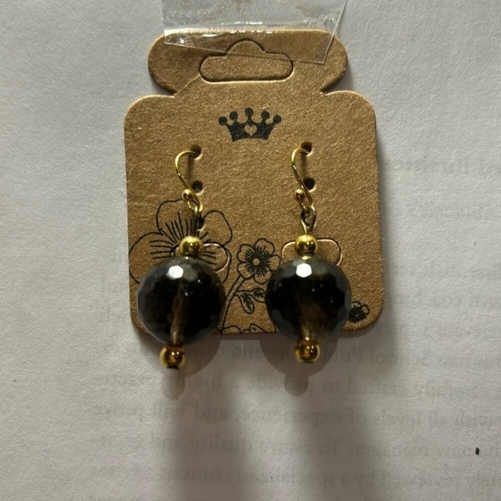Gold Dangling Earrings With Smokey Quartz Stone Nwt